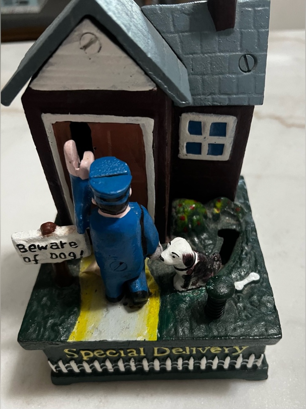 VTG Cast Iron Metal Bank Mailman Special Delivery Beware of Dog Mechanical USPS